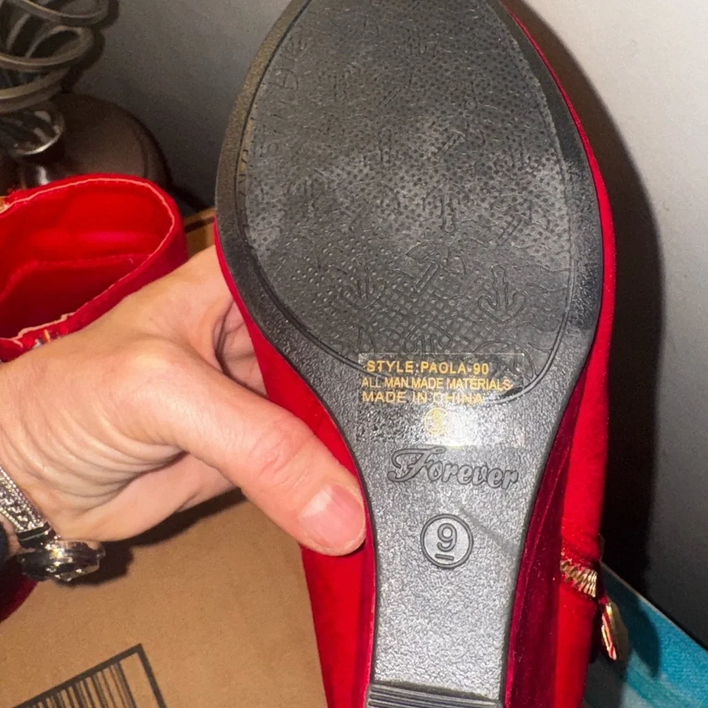 Forever Red Ankle Boots with Gold Accents - Picture 5 of 7